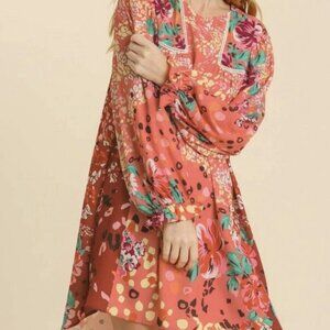 UMGEE USA Women's Dress Floral Long Sleeve Crochet Inset Tunic Dress Medium